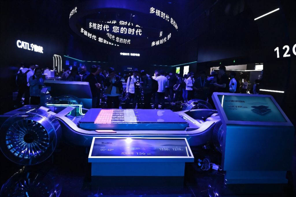 Chinese manufacturer CATL displays its second-generation Shenxing Superfast Charging Battery.