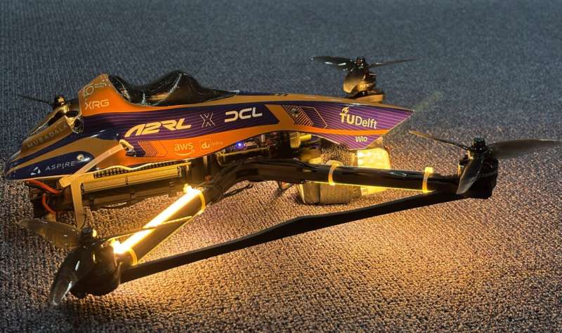 The drone designed by the organizers, A2RL and DCL for use by the AI teams and human pilots. Credit: Delft University of Technology Autonomous drone defeats human champions in historic racing first