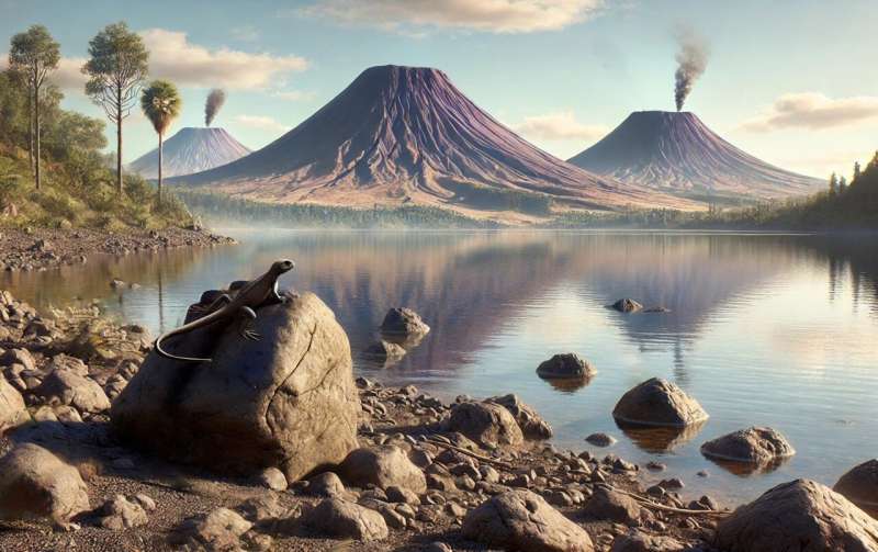An environmental reconstruction of the East Kirkton area some 346 million years ago depicts the Westlothiana lizziae resting on a rock. Credit: Hector Garza Long shot science leads to revised age for land-animal ancestor