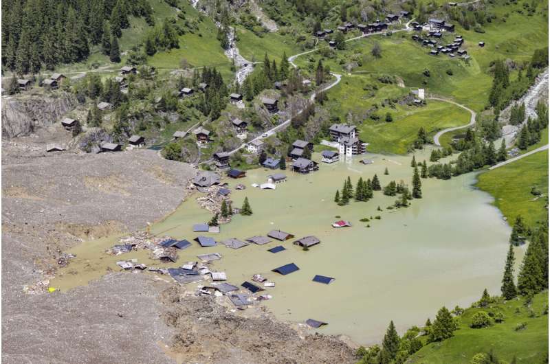 A second aerial view post-collapse shows the damage done to Blatten. Aerial view of Blatten destruction