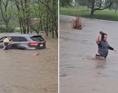 Heroic Leap: Watch as a Brave Man Rescues Two Women from Raging Floodwaters in a Daring Act of Courage