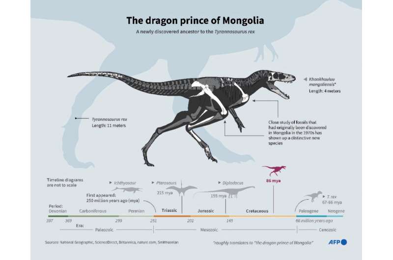 Graphic representation of Khankhuuluu mongoliensis, a newly identified dinosaur species, found in Mongolia and believed to be an ancestor of the Tyrannosaurus rex. The dragon prince of Mongolia