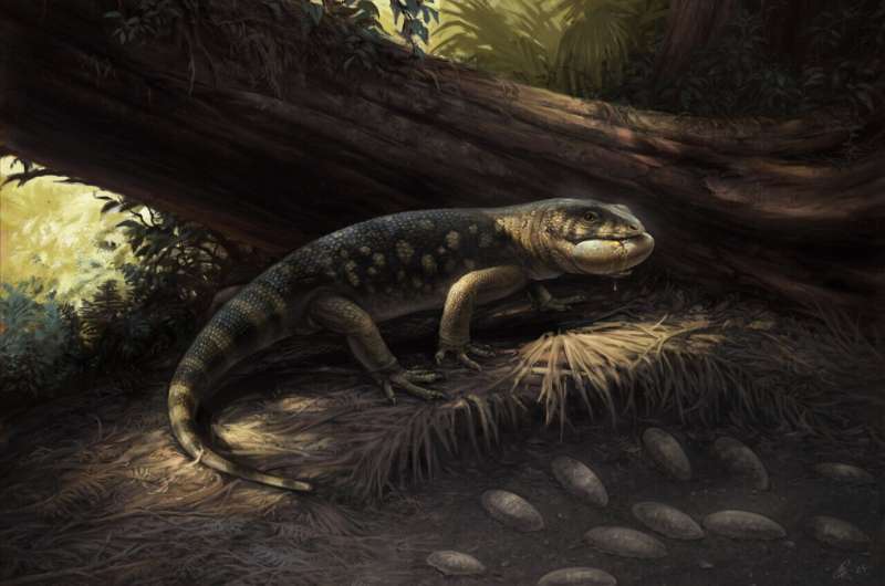 Artistic reconstruction of Bolg amondol, depicted raiding an oviraptorosaur dinosaur nest amidst the lush Kaiparowits Formation habitat. Credit: Cullen Townsend New monstersaur species a 'goblin prince' among dinosaurs