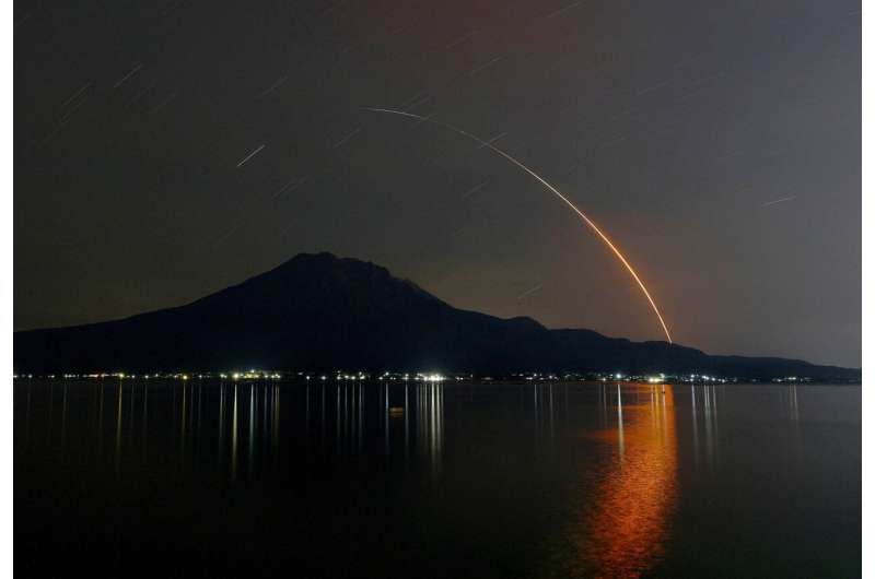 In this long exposure photo, an H-2A rocket carrying Global Observing Satellite for Greenhouse gases and Water cycle, or GOSAT-GW satellite, lifts off from Tanegashima Space Center, seen in Kagoshima, southern Japan, early Sunday, June 29, 2025. Credit: Kotaro Ueda/Kyodo News via AP Japan launches a climate change monitoring satellite on mainstay H2A rocket's last flight