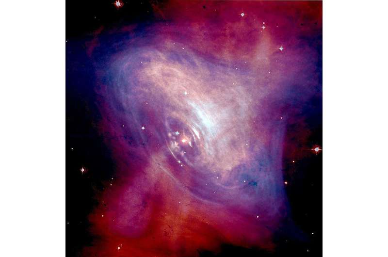 Composite optical/X-ray image of the Crab Nebula, showing synchrotron emission in the surrounding pulsar wind nebula, powered by injection of magnetic fields and particles from the central pulsar. Credit: NASA/HST/ASU/J Pulsars could have tiny mountains