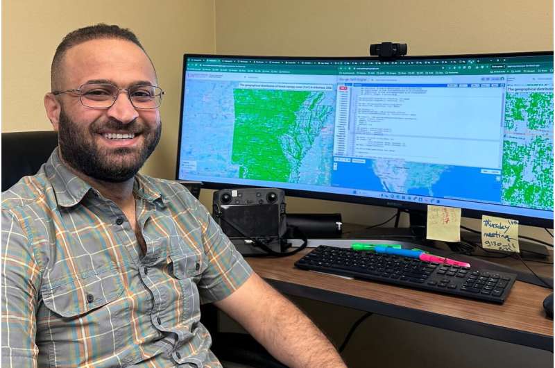 Hamdi Zurqani developed the first high-resolution forest canopy cover dataset for an entire state, providing valuable insights for forest management and conservation to a major economic sector in Arkansas. Credit: CFANR UAM photo by Lonnie Tegels. Space lasers, AI used by geospatial scientist to measure forest biomass