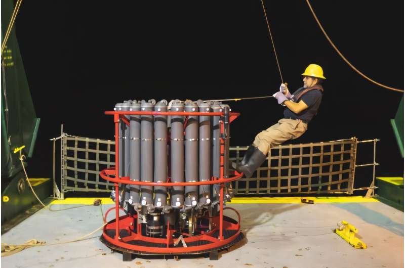 Rosette water sampler prepped for deployment during Gradients Cruise onboard the University of Hawai'i Research Vessel Kilo Moana. Credit: Ryan Tabata Iron from coal, steel industries alters North Pacific ecosystem