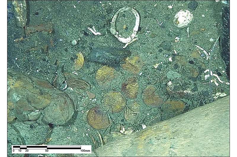 Hoard area in the port section of the stern, showing the obverse and reverse faces of coins, as they were observed on the seabed. Credit: ARC-DIMAR, 2022; image by authors What the coins of the San José galleon shipwreck reveal