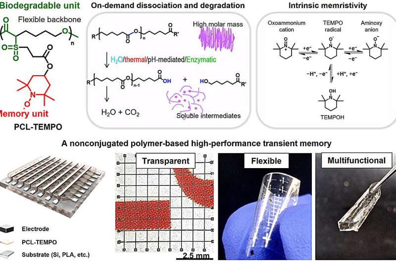 Schematic illustration of a nonconjugated polymer-based high-performance transient memory. Credit: Angewandte Chemie International Edition (2025). DOI: 10.1002/anie.202422826 KIST develops high-performance memory devices that dissolve in water, addressing the E-waste problem