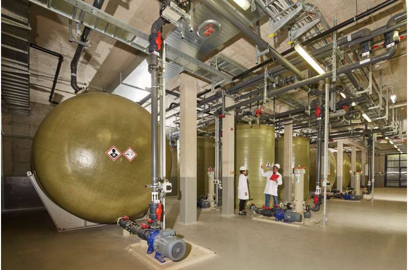 Tanks with electrolyte. Credit: Fraunhofer ICT Renewable energy stored in a large-scale battery is introduced into the power grid on demand